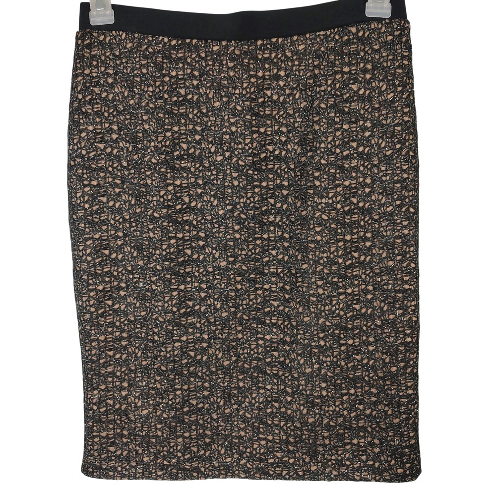 Black Lace Metallic Shimmer Pencil Skirt Tan Lining Size S